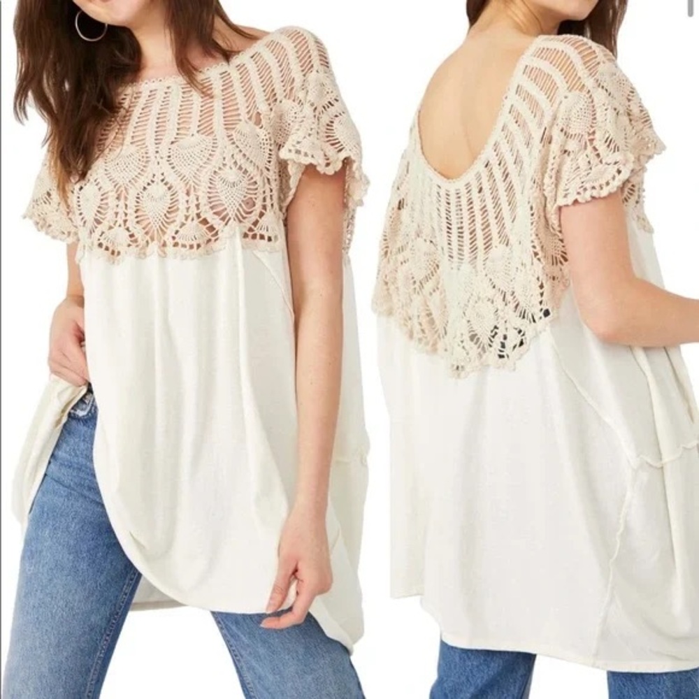 Free People Sweet Sun Tunic Cream Crochet Top